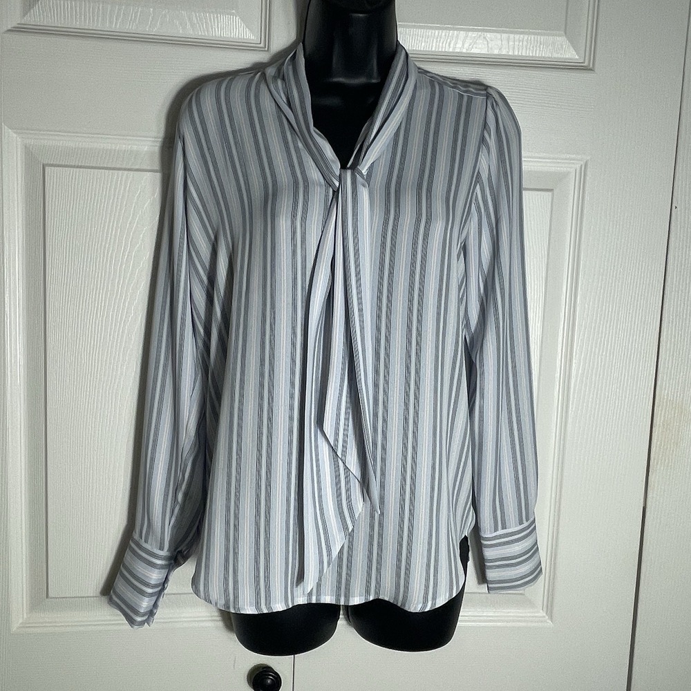 Loft Striped Shirt Women XXS Blue Gray Long Sleeve Ascot Tie Oversized Pullover